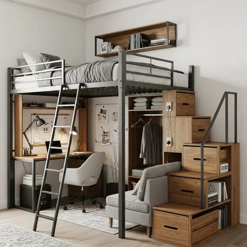 Compact Living System Loft Bed and Working Space System in Birch Plywood