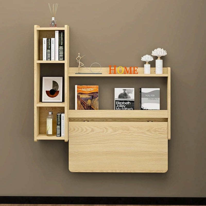 Folding Wall Desk and Narrow Bookcase in Solid Oak
