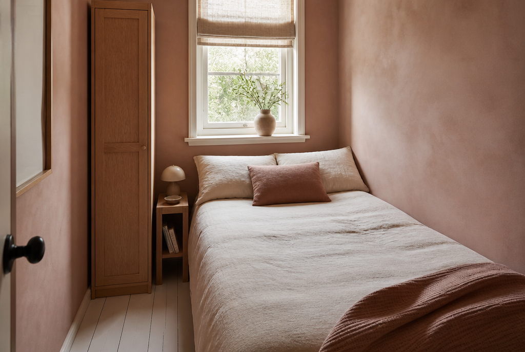 Box room with a narrow 600mm wardrobe and a slim bedside table beside the bed