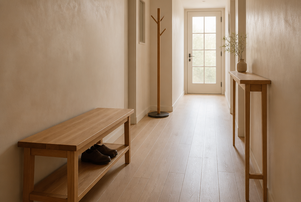 Narrow hallway with a shoe-storage bench, shallow console and a freestanding coat rail