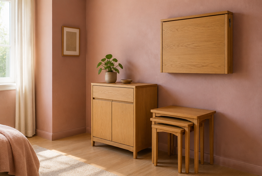Studio flat corner with a narrow oak sideboard, nest of tables and a folding wall desk