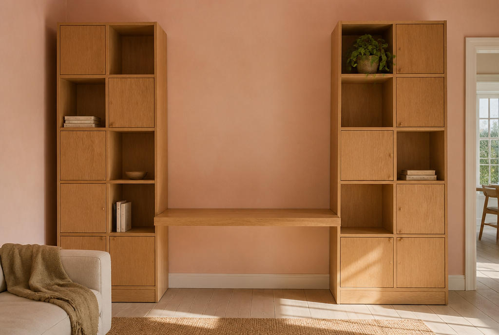 Two towers of 800mm oak storage modules with a desk module between them